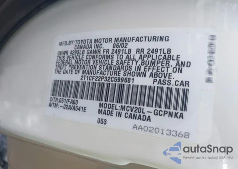 2002 Toyota Camry Solara Se V6 из США, поврежденный, VIN 2T1CF22P32C599681